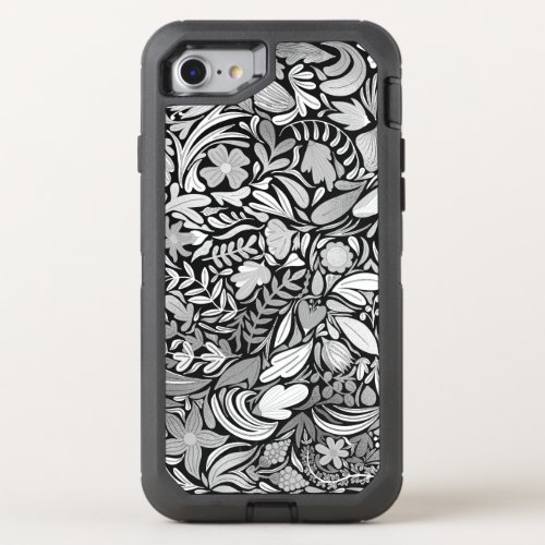 Silver Black Floral Leaves Illustration Pattern OtterBox Defender iPhone SE87 Case