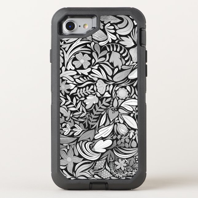 Silver Black Floral Leaves Illustration Pattern Otterbox iPhone Case (Back)