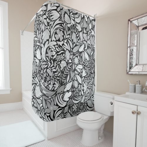Silver Black Floral Leaves Illustration Pattern Shower Curtain
