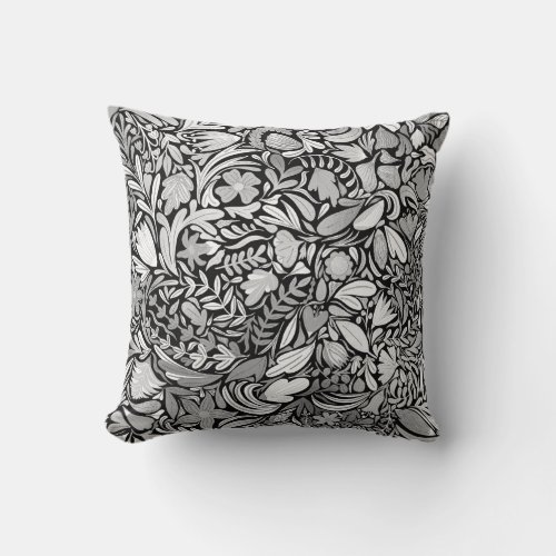 Silver Black Floral Leaves Illustration Pattern Throw Pillow