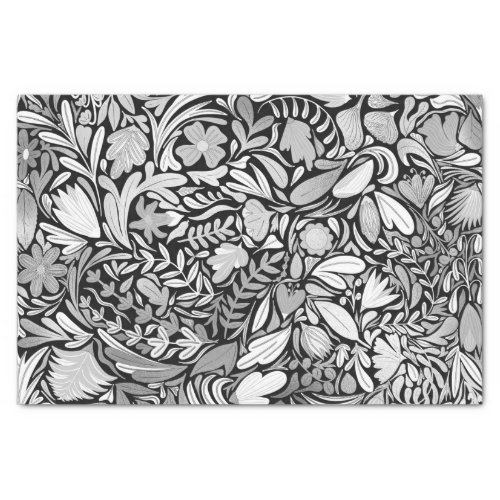 Silver Black Floral Leaves Illustration Pattern Tissue Paper