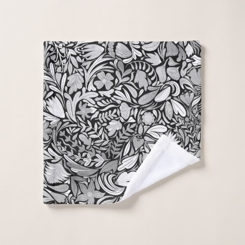 Silver Black Floral Leaves Illustration Pattern Wash Cloth