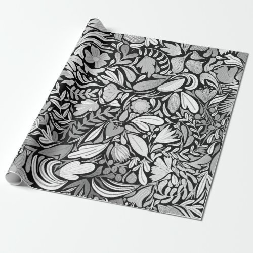 Silver Black Floral Leaves Illustration Pattern Wrapping Paper