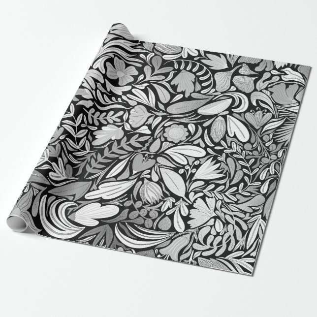 Silver Black Floral Leaves Illustration Pattern Wrapping Paper (Unrolled)