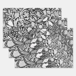 Silver Black Floral Leaves Illustration Pattern Wrapping Paper Sheets