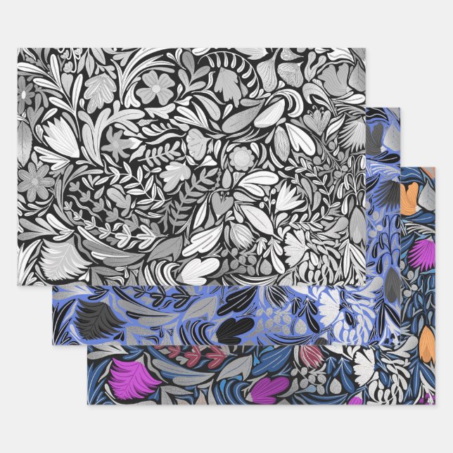 Silver Black Floral Leaves Illustration Pattern Wrapping Paper Sheets (Set)