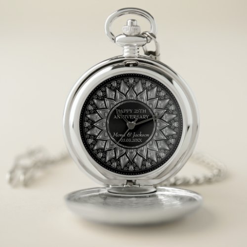 Silver &amp; Black Floral Mandala Wedding Anniversary Pocket Watch