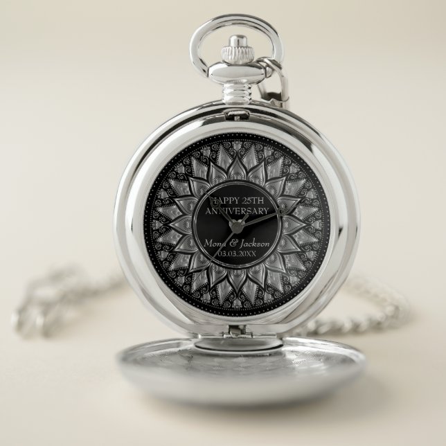 Silver & Black Floral Mandala Wedding Anniversary Pocket Watch (Inside)