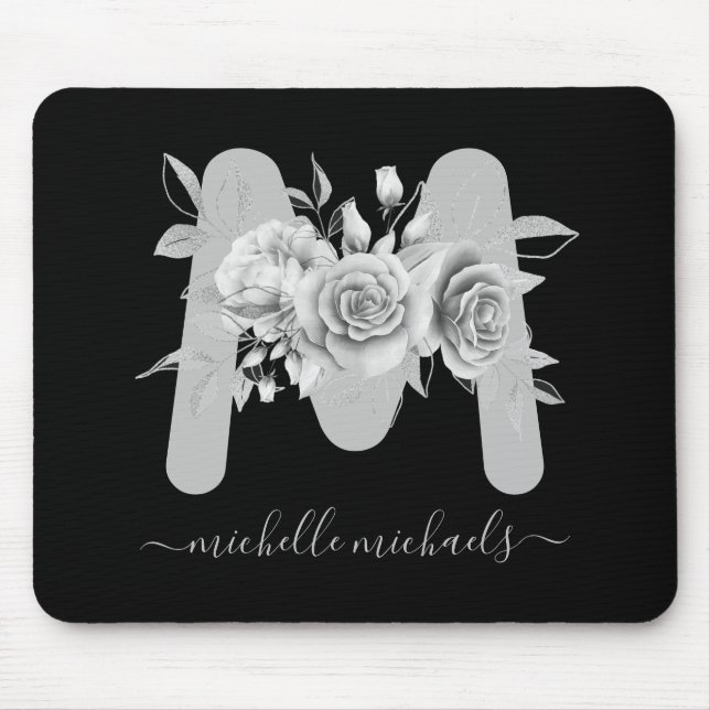 Silver Black Floral Watercolor Monogram Mouse Pad (Front)