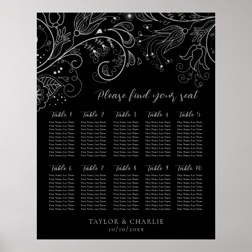 Silver Black Floral Wedding 10 Table Seating Chart