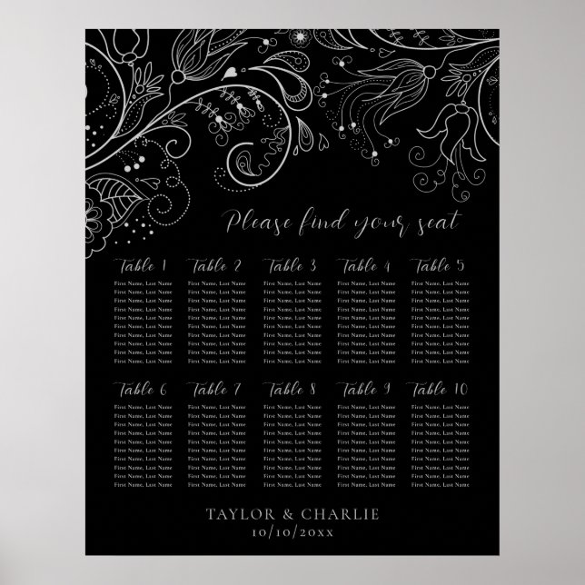 Silver Black Floral Wedding 10 Table Seating Chart (Front)