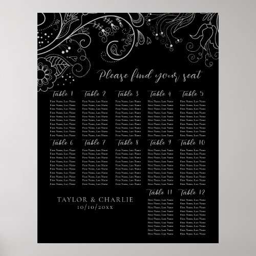 Silver Black Floral Wedding 12 Table Seating Chart
