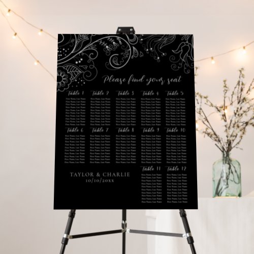 Silver Black Floral Wedding 12 Table Seating Chart Foam Board