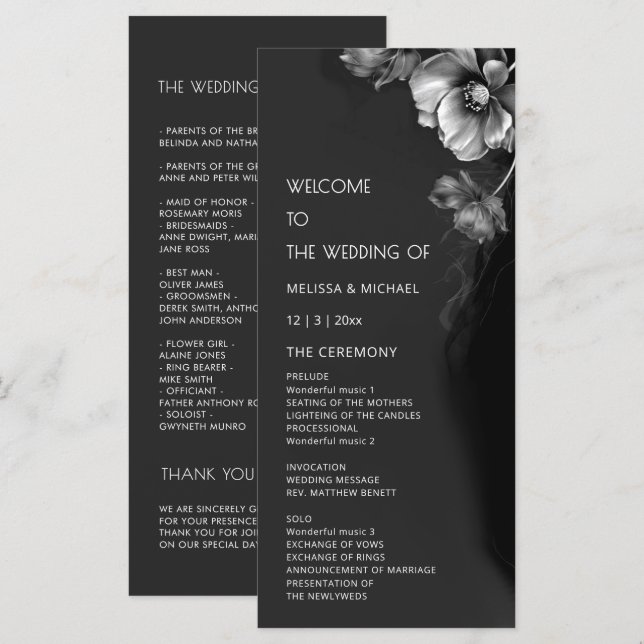 Silver Black Floral Wedding Program (Front/Back)