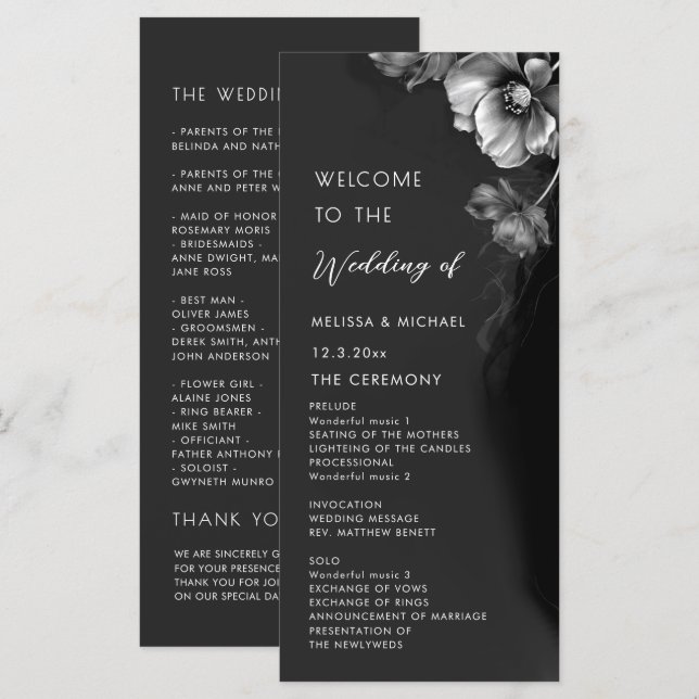 Silver Black Floral Wedding Program (Front/Back)