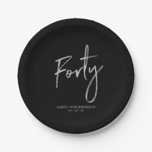 Silver & Black Forty Lettering 40th birthday Paper Plates