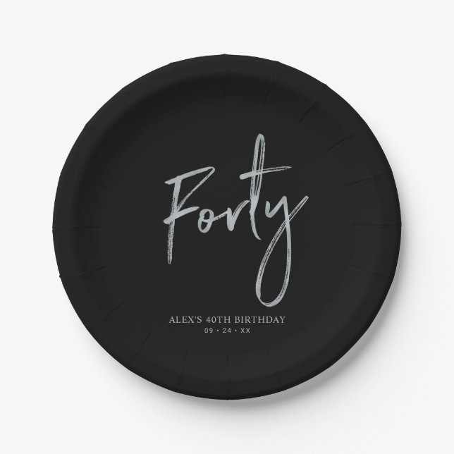 Silver & Black Forty Lettering 40th birthday Paper Plates (Front)