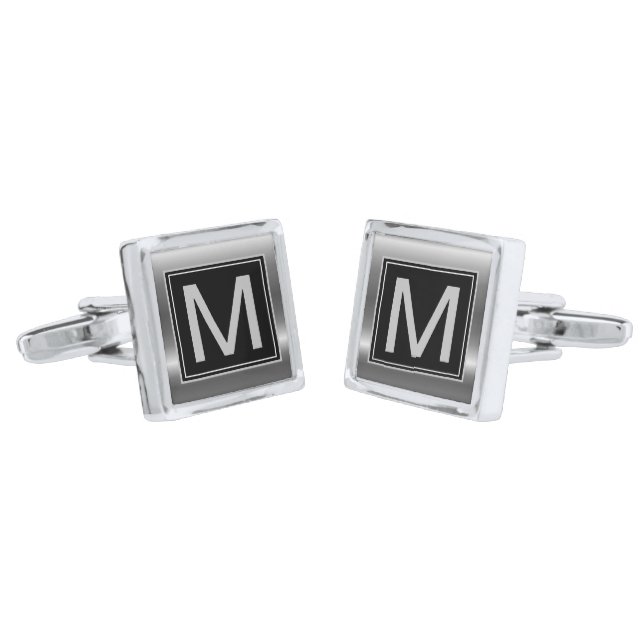 Silver Black Geometric Monogram Cufflinks (Angled)
