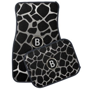 Silver & Black Giraffe Animal Pattern Monogram Car Mat