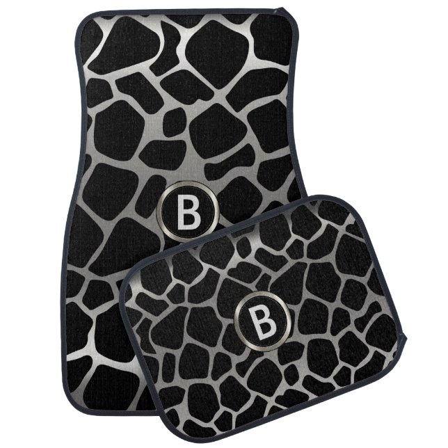 Silver & Black Giraffe Animal Pattern | Monogram Car Mat (Set)