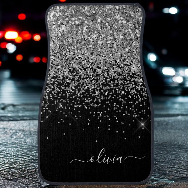 Silver Black Girly Glitter Sparkle Monogram Name C Car Floor Mat (Creator Uploaded)