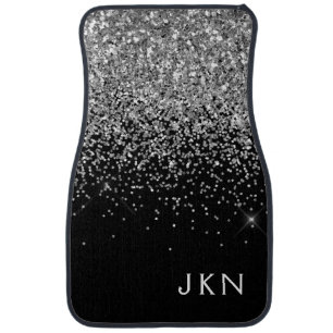 Silver Black Girly Glitter Sparkle Monogram Name C Car Floor Mat