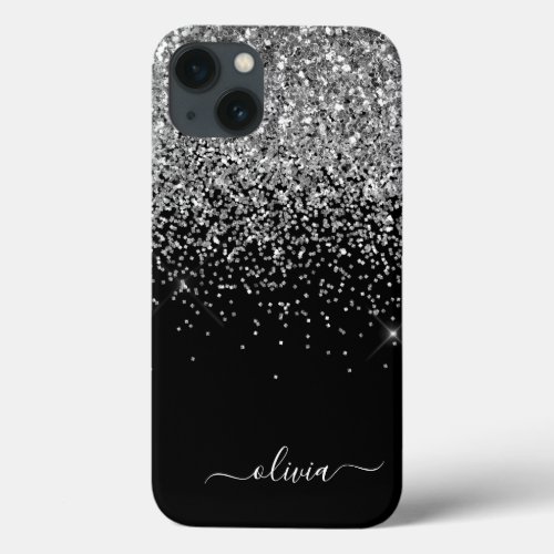 Silver Black Girly Glitter Sparkle Monogram Name C iPhone 13 Case