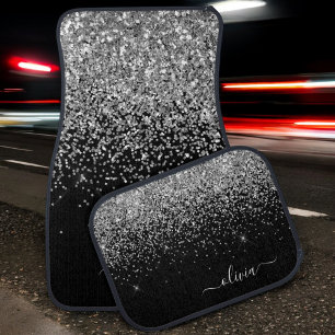 Silver Black Girly Glitter Sparkle Monogram Name Car Floor Mat