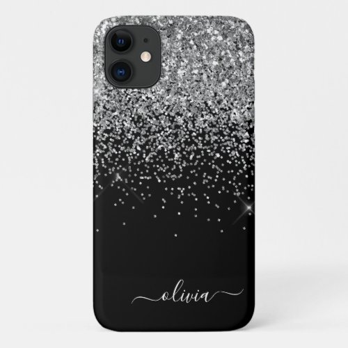 Silver Black Girly Glitter Sparkle Monogram Name iPhone 11 Case