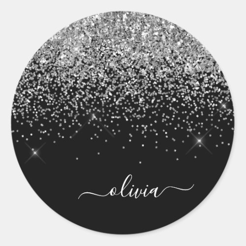 Silver Black Girly Glitter Sparkle Monogram Name Classic Round Sticker