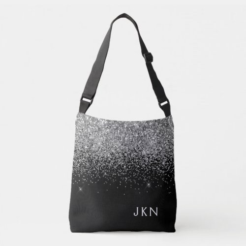 Silver Black Girly Glitter Sparkle Monogram Name Crossbody Bag