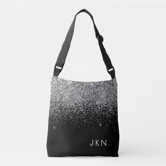 Silver Black Girly Glitter Sparkle Monogram Name Crossbody Bag (Front)