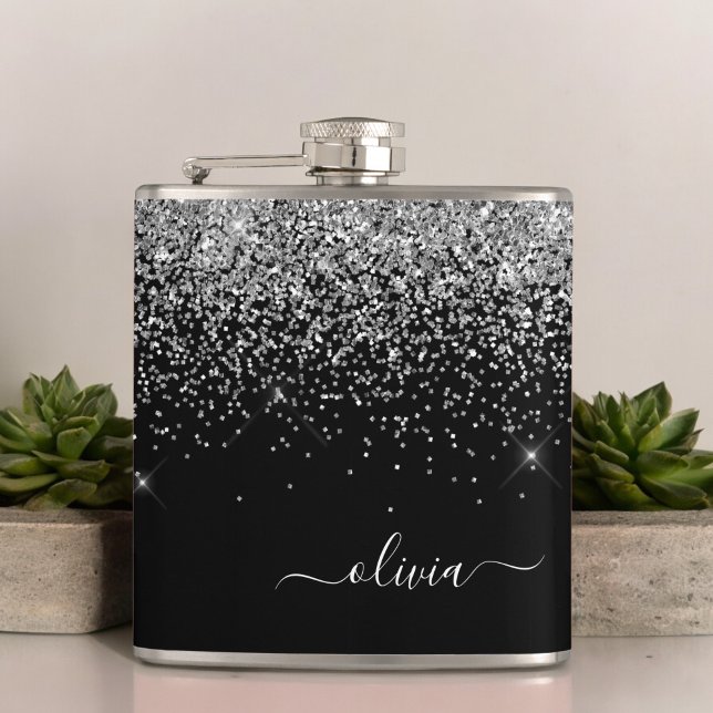 Silver Black Girly Glitter Sparkle Monogram Name Flask (Creator Uploaded)
