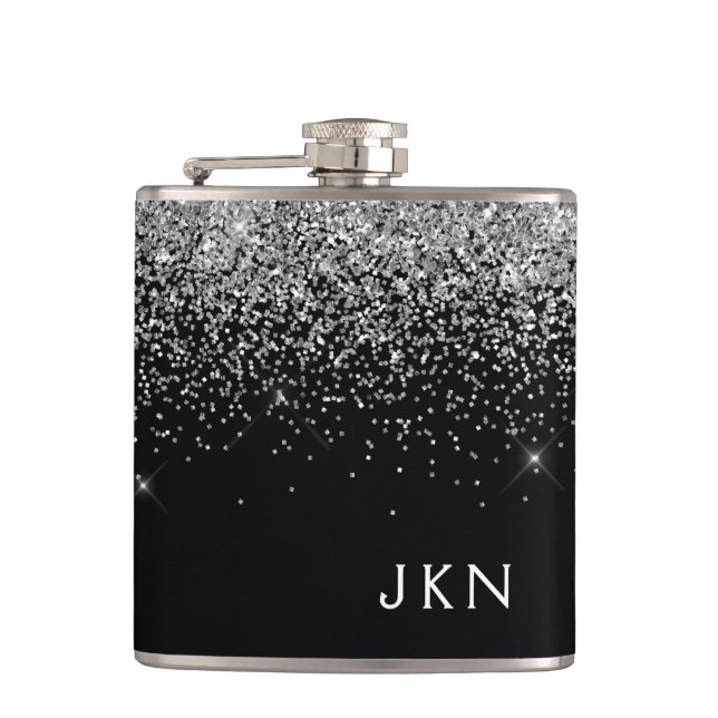 Silver Black Girly Glitter Sparkle Monogram Name Flask (Front)
