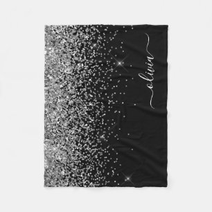 Silver Black Girly Glitter Sparkle Monogram Name Fleece Blanket