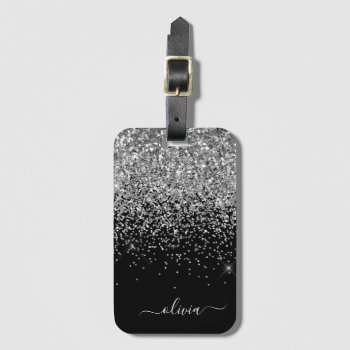 Silver Black Girly Glitter Sparkle Monogram Name Luggage Tag by Hot_Foil_Creations at Zazzle