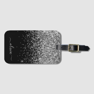 Silver Black Girly Glitter Sparkle Monogram Name Luggage Tag