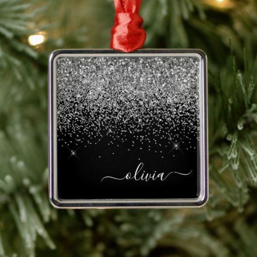 Silver Black Girly Glitter Sparkle Monogram Name Metal Ornament