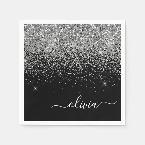 Silver Black Girly Glitter Sparkle Monogram Name Napkins