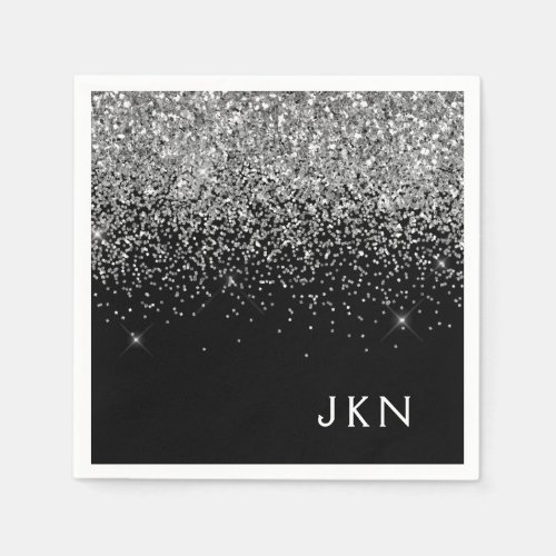 Silver Black Girly Glitter Sparkle Monogram Name Napkins