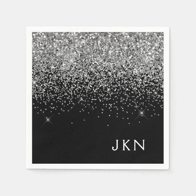 Silver Black Girly Glitter Sparkle Monogram Name Napkins (Front)