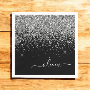 Silver Black Girly Glitter Sparkle Monogram Name Napkins