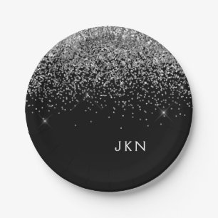 Silver Black Girly Glitter Sparkle Monogram Name Paper Plates