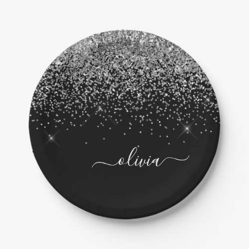 Silver Black Girly Glitter Sparkle Monogram Name Paper Plates