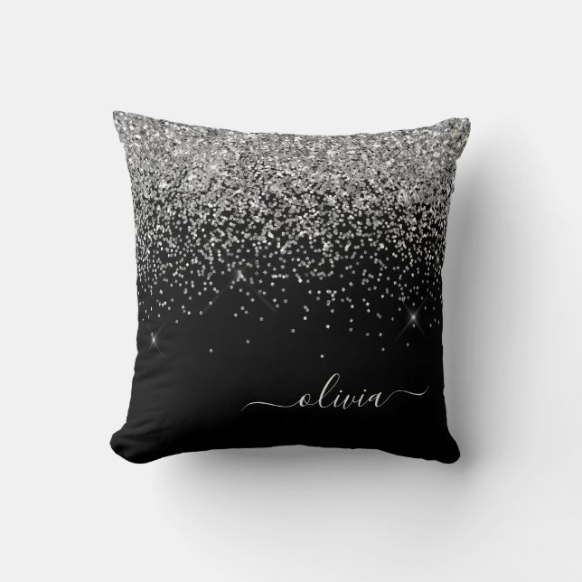 Silver Black Girly Glitter Sparkle Monogram Name Throw Pillow (Front)