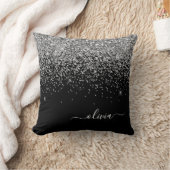 Silver Black Girly Glitter Sparkle Monogram Name Throw Pillow (Blanket)