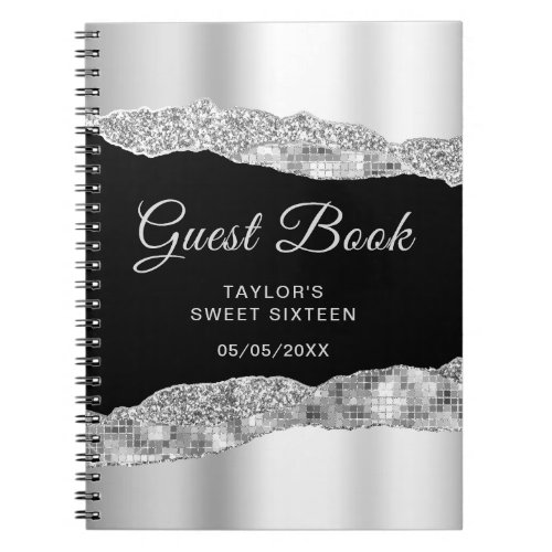 Silver Black Glam Tears Sweet Sixteen Guest Book