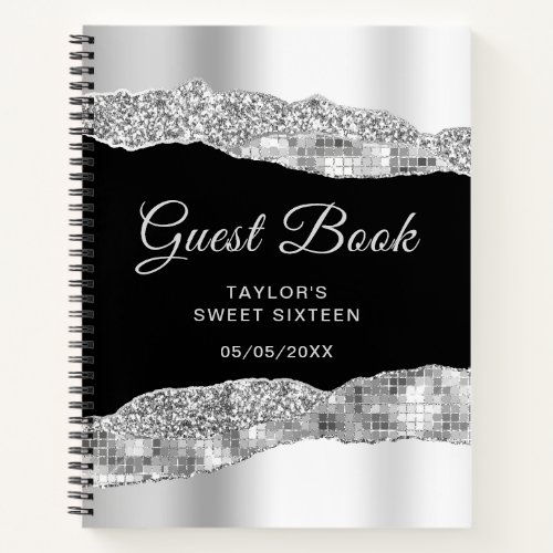 Silver Black Glam Tears Sweet Sixteen Guest Book