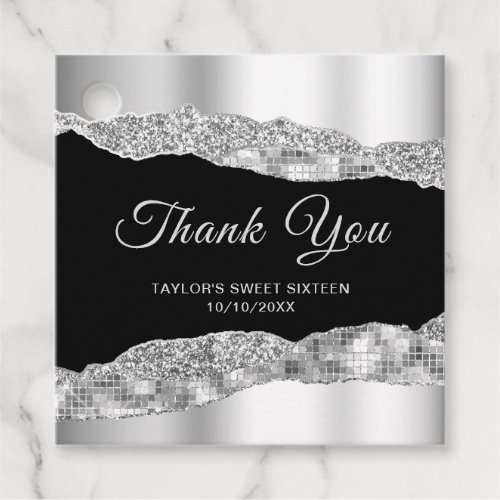 Silver Black Glam Tears Sweet Sixteen Thank You Favor Tags