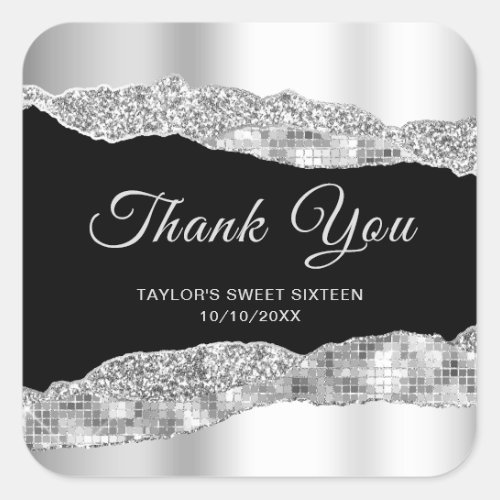 Silver Black Glam Tears Sweet Sixteen Thank You Square Sticker